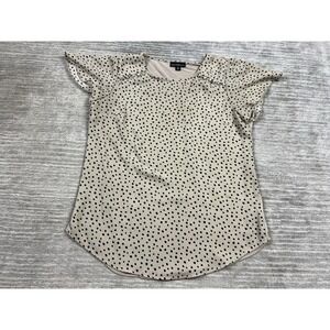 Fortune Ivy Top Womens Medium Beige Polka Dot Short Sleeve Polyester Rayon